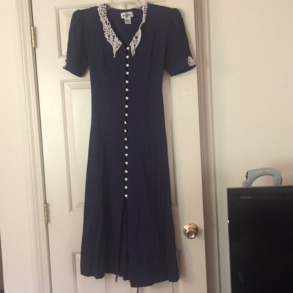 Vintage-Style Lace-Collar Navy Blue Dress Size 7/8